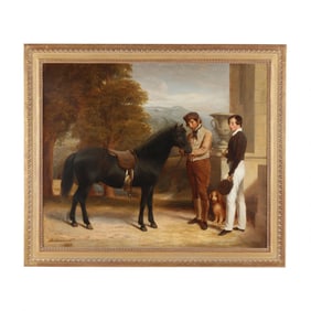 Robert Frain (English, fl. 1830-1870),  Portrait of a Boy with his Pony, a Groom and a Spaniel