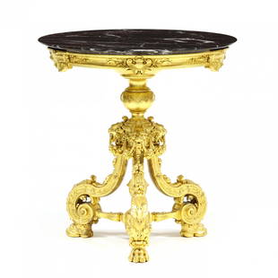 Henri-Auguste Fourdinois, Carved and Gilt Marble Top Center Table: Henri-Auguste Fourdinois, Carved and Gilt Marble Top Center Table(France, 1830-1907), circa 1890, stamped interior below marble "H. FOURDINOIS" and stenciled 102, circular high grade dark red marble t