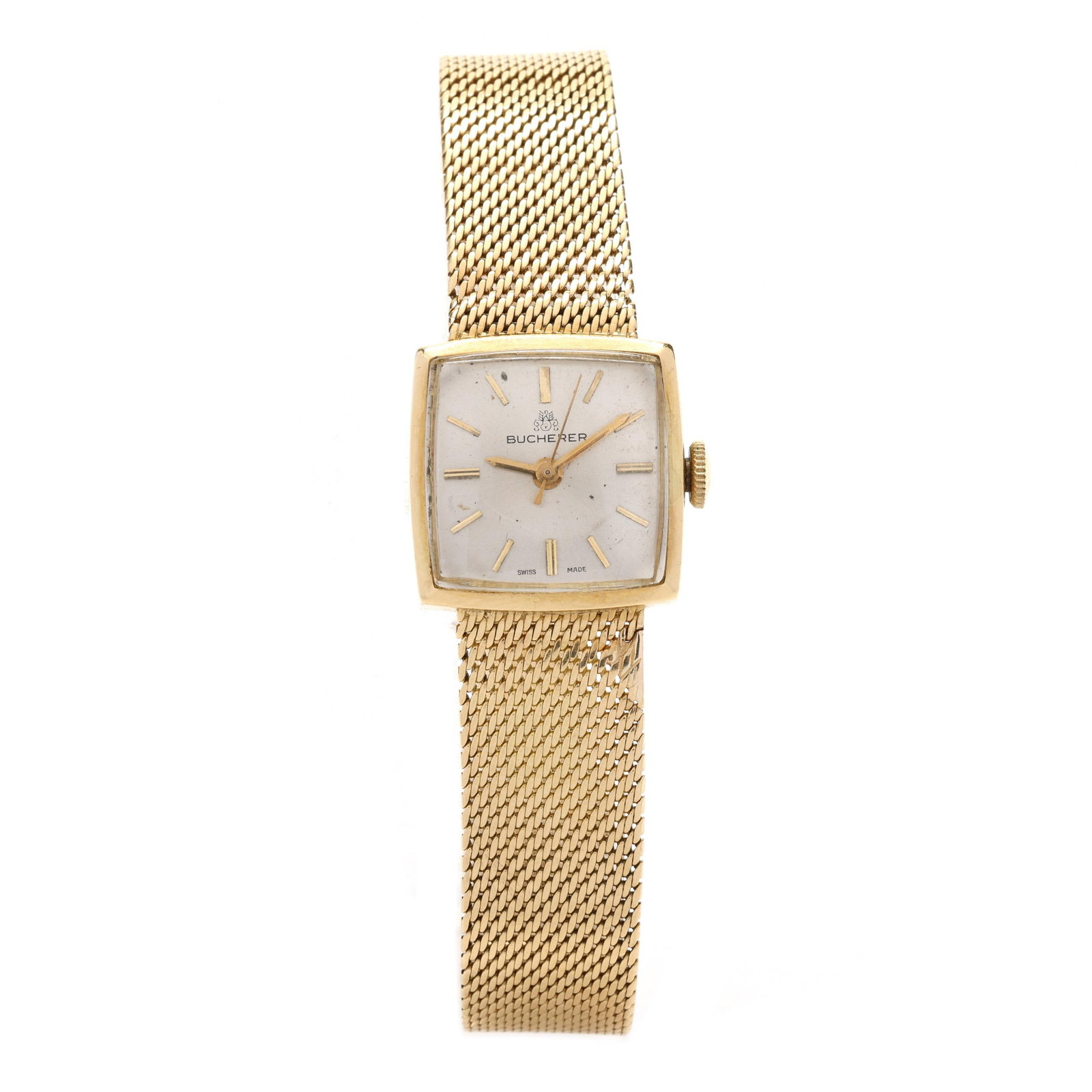 Lady's Gold Quartz Watch: Lady's Gold Quartz Watchwith square case, the gold baton hands and hour markers on silver dial signed Bucherer, the mesh bracelet band with fold-over clasp, the case back stamped 18K / 1004, inside wi