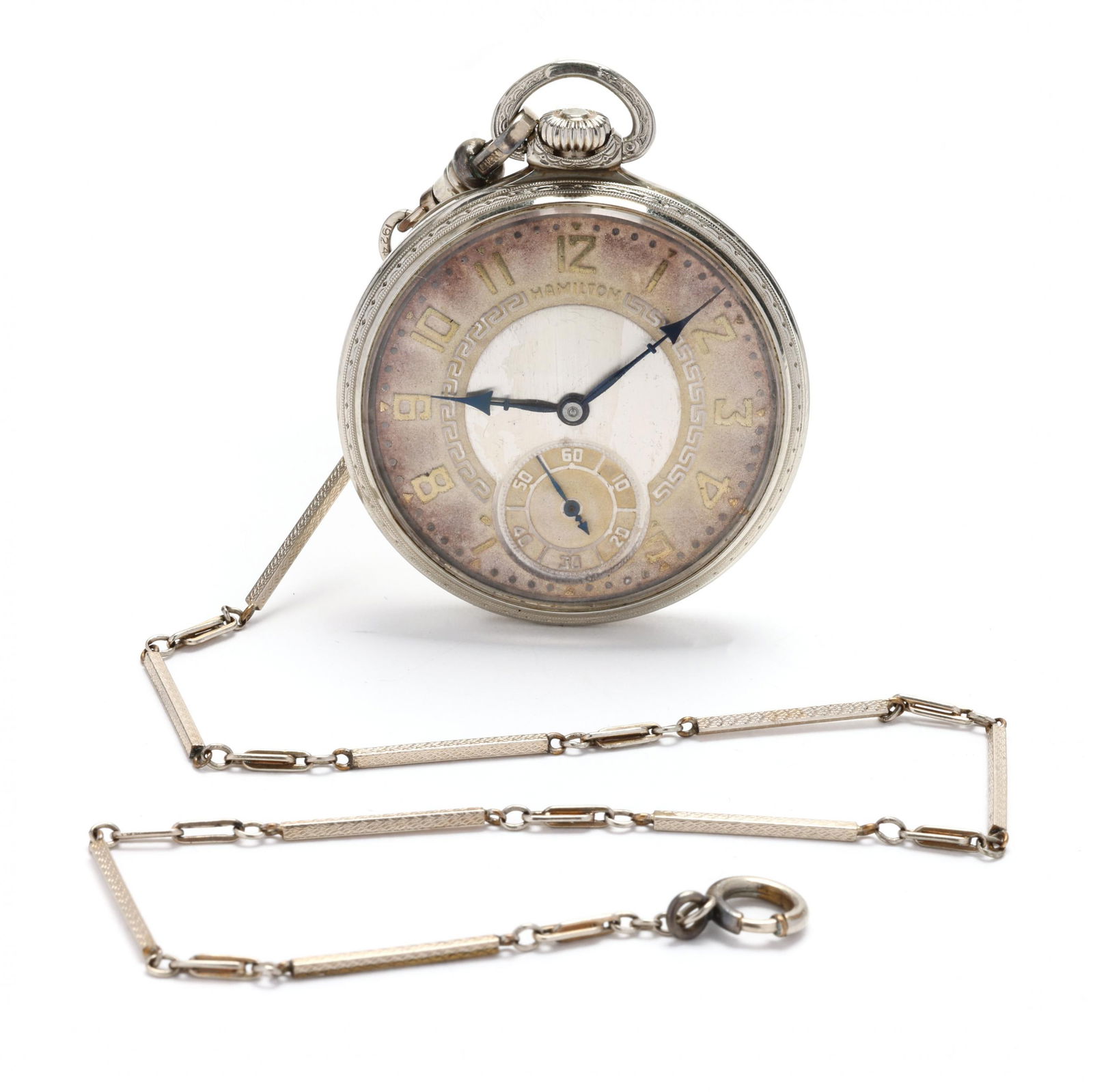 White Gold Open Face Pocket Watch by Hamilton and Watch Chain (1 of 6)