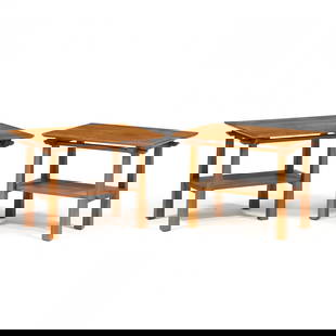 Thomas Moser, Pair of Cherry Side Tables: Thomas Moser, Pair of Cherry Side TablesMaine, circa 2009, rectangular top with underside beveled edge, through tenon joinery, lower shelf, reverse tapered legs, signed to undersides. 20 x 18.25 x 27