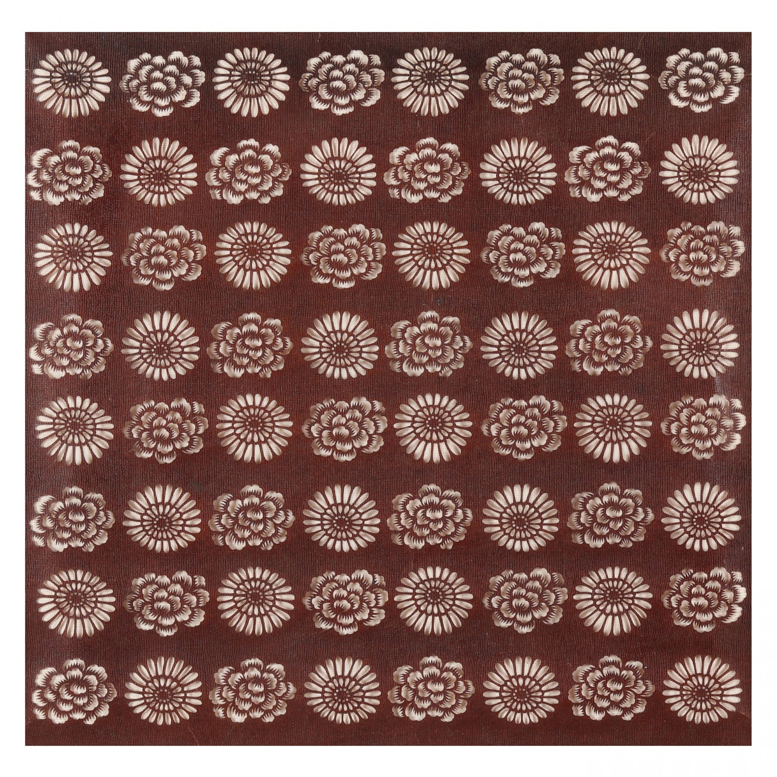 A Japanese Katagami for a Kimono: A Japanese Katagami for a KimonoMeiji period (1868–1912), pressed mulberry sheet with cutwork flowers, matted in a giltwood frame under glass. Frame dimensions 23 x 23 in. Additional high-resolutio