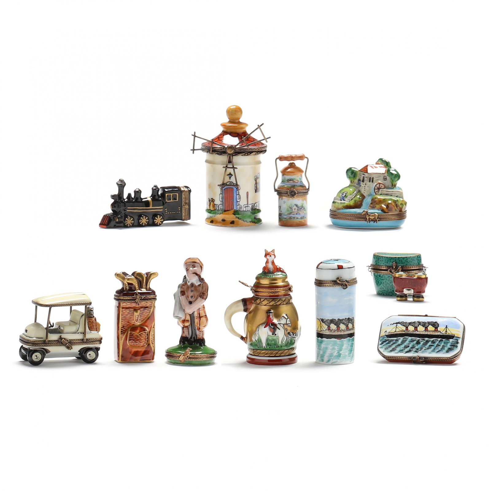 Eleven Limoges Pill Boxes: Eleven Limoges Pill Boxesthe subjects include travel, and golf as well as a hunt stein and tiny binoculars in a case. Stein 4 in. Additional high-resolution photos are available at www.lelandlittle.c