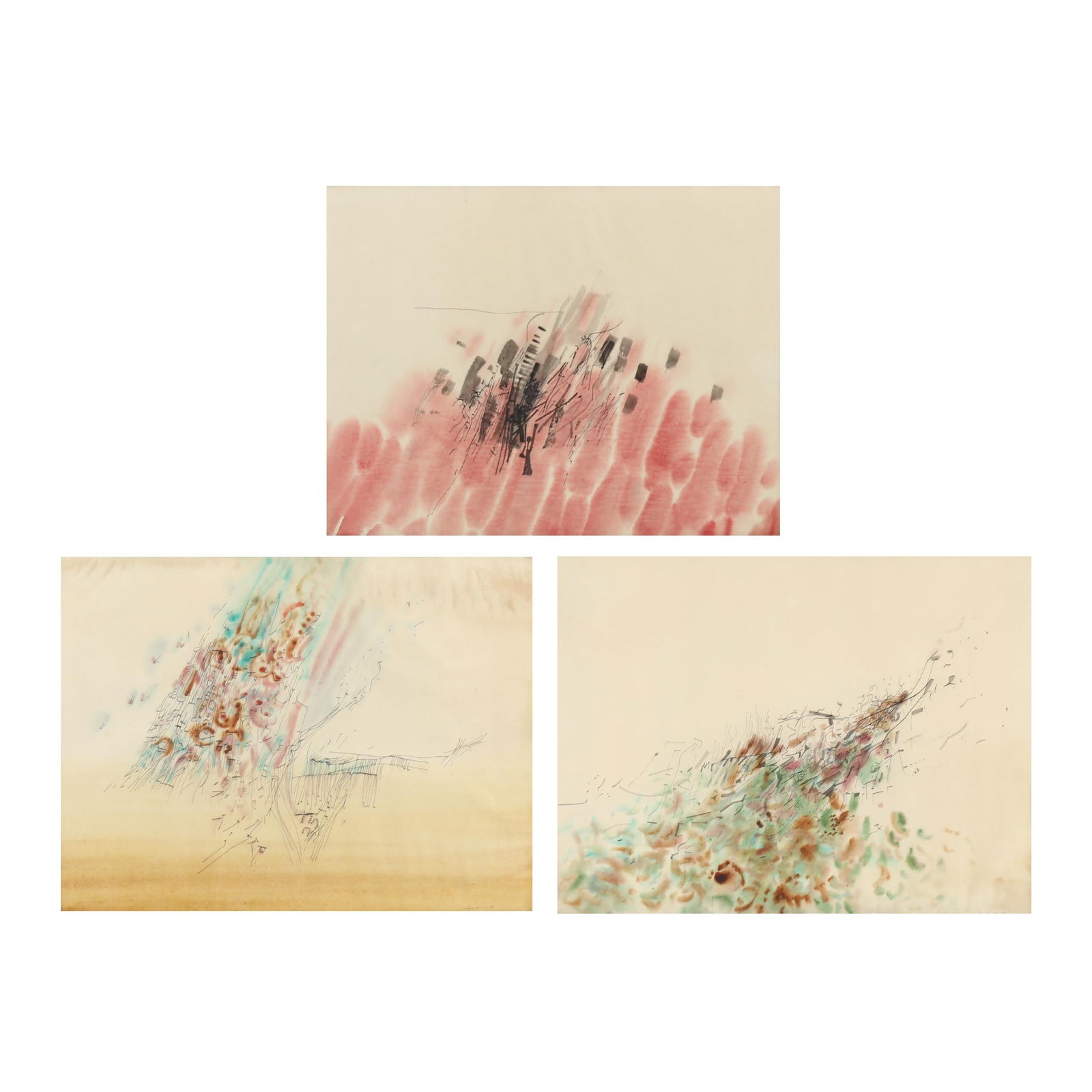 Arthur Deshaies (American, 1920-2011), Three Abstract Watercolors: Arthur Deshaies (American, 1920-2011), Three Abstract Watercolorseach a watercolor and ink on laid paper, (2) signed at lower right and (1) unsigned, the signed works both dated 1956, each sheet beari