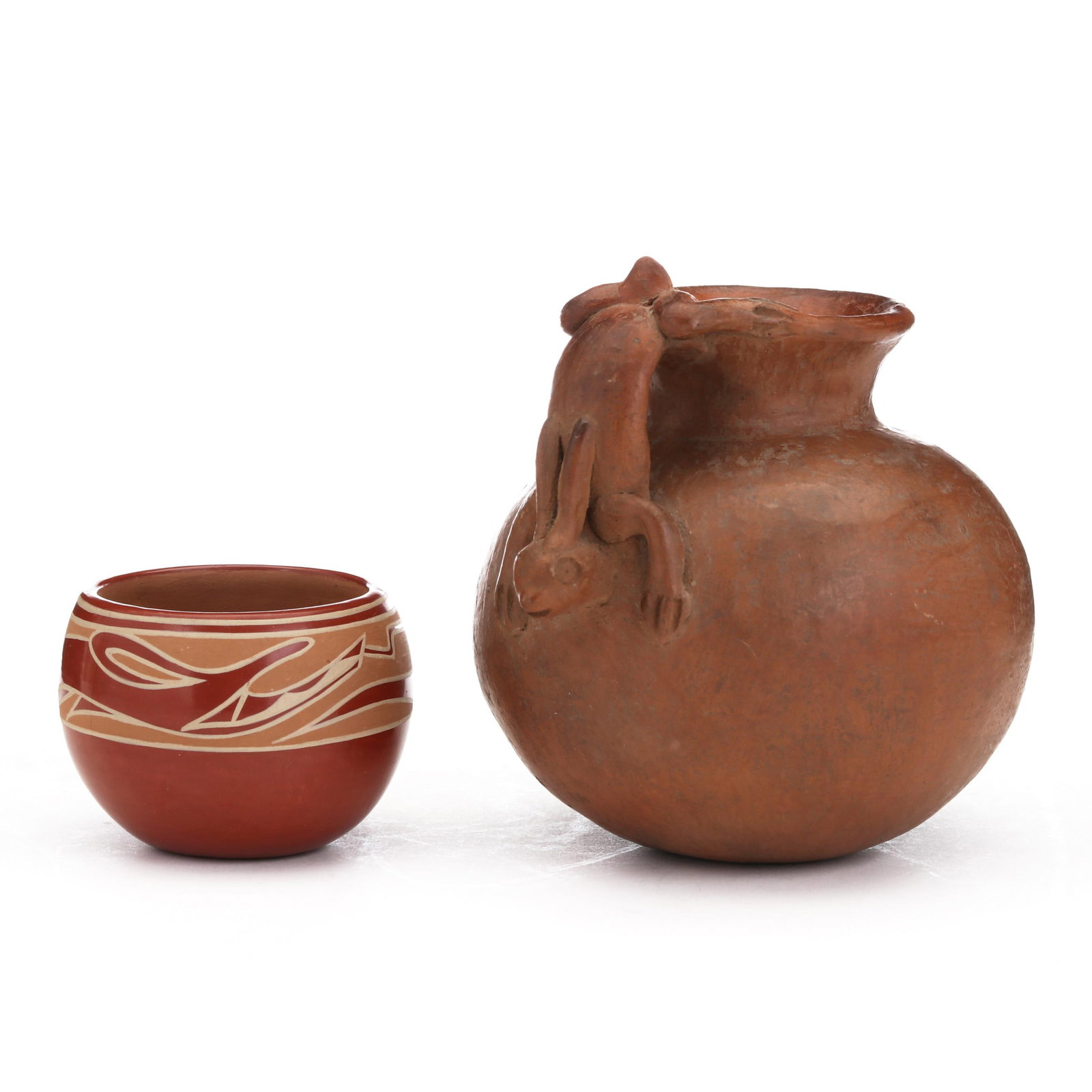 Two Pieces of Native American Redware Pottery: Two Pieces of Native American Redware Potterythe first, an Earlene Youngbird-Tafoya (1947-2008) of Santa Clara Pueblo, New Mexico, a small redware bowl with serpentine "Awanyu" decoration to the rim,