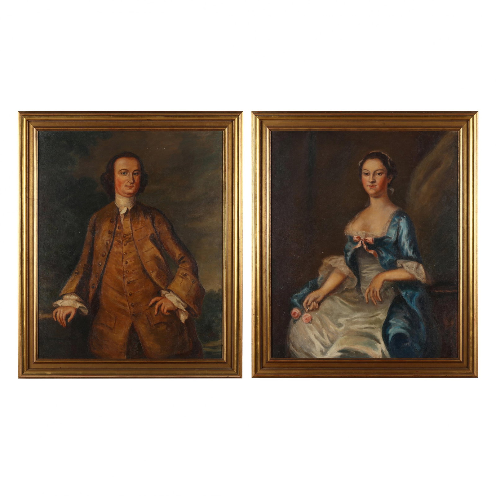 After John Wollaston (English, 1710-1775), Portraits of Colonel Fielding Lewis and Betty: After John Wollaston (English, 1710-1775), Portraits of Colonel Fielding Lewis and Betty Washington Lewiseach an oil on canvas painting, circa early 20th century, one monorammed "FBT" to lower edge, p