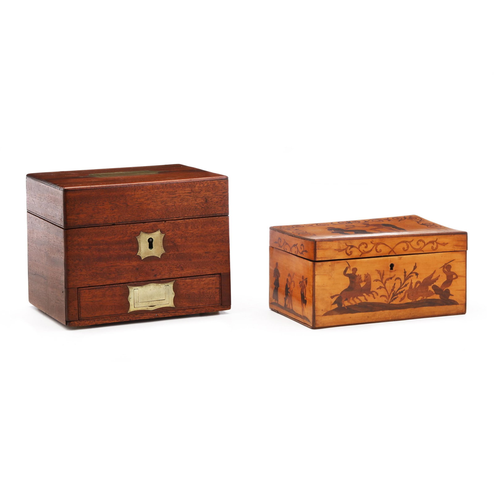 English Campaign Box and Figural Inlaid Tea Caddy: English Campaign Box and Figural Inlaid Tea Caddy second half 19th century, the campaign box in mahogany, inlaid brass flush handles and escutcheon, opens to a divided interior, the front compartment 