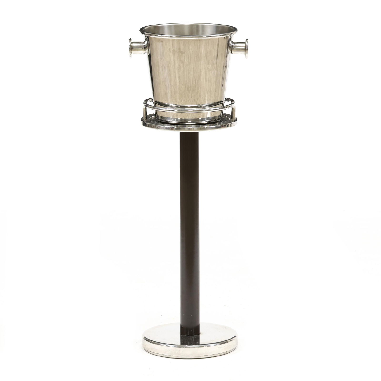 Ettore Sottsass (Austria, 1917-2007), Polished Steel Ice Bucket and Stand: Ettore Sottsass (Austria, 1917-2007), Polished Steel Ice Bucket and Standfor Alessi, contemporary, including Wine Cooler 5052, and Wine Cooler Stand 5059 with an egg shell dark tone painted support, m