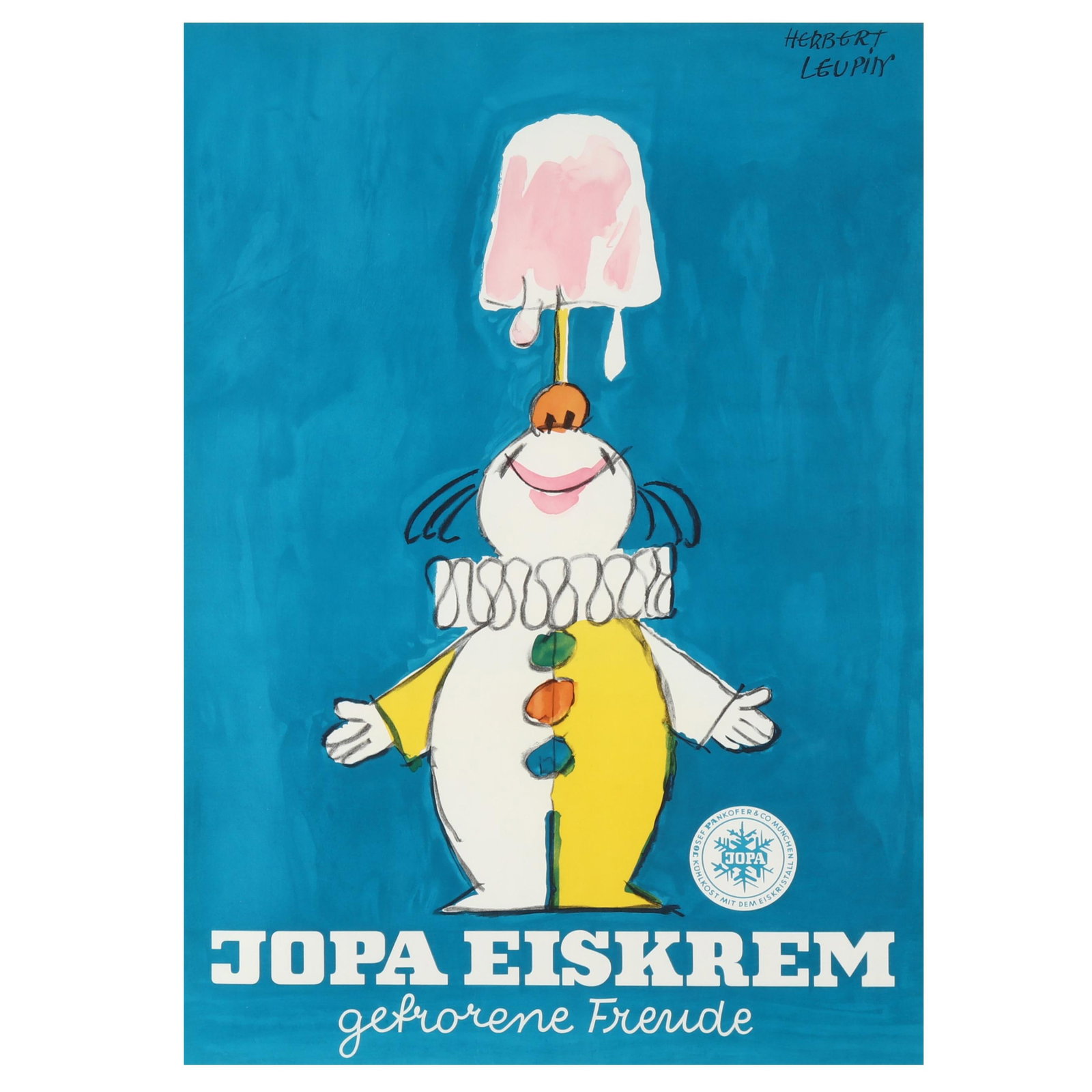 Herbert Leupin (Swiss, 1916-1999), Jopa Eiskrem (Jopa Ice Cream): Herbert Leupin (Swiss, 1916-1999), Jopa Eiskrem (Jopa Ice Cream)lithographic poster in colors, 1950's, printed by Kunst im Druck, Munchen, matted and framed under Plexiglass. Sheet sight 31 1/4 x 22 1