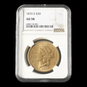 1876-S $20 Gold Liberty Head Double Eagle, NGC AU58