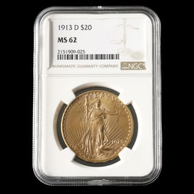 1913-D St. Gaudens $20 Gold Double Eagle, NGC MS62