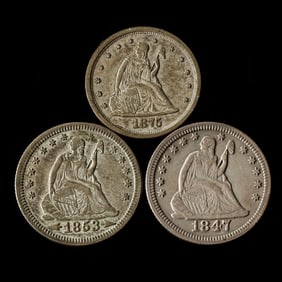 Two Liberty Seated Quarters and a Twenty-Cent Piece