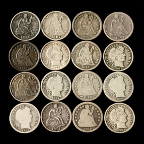 Ten (10) Seated Liberty Dimes (one CC) and Six (6) Barber Dimes
