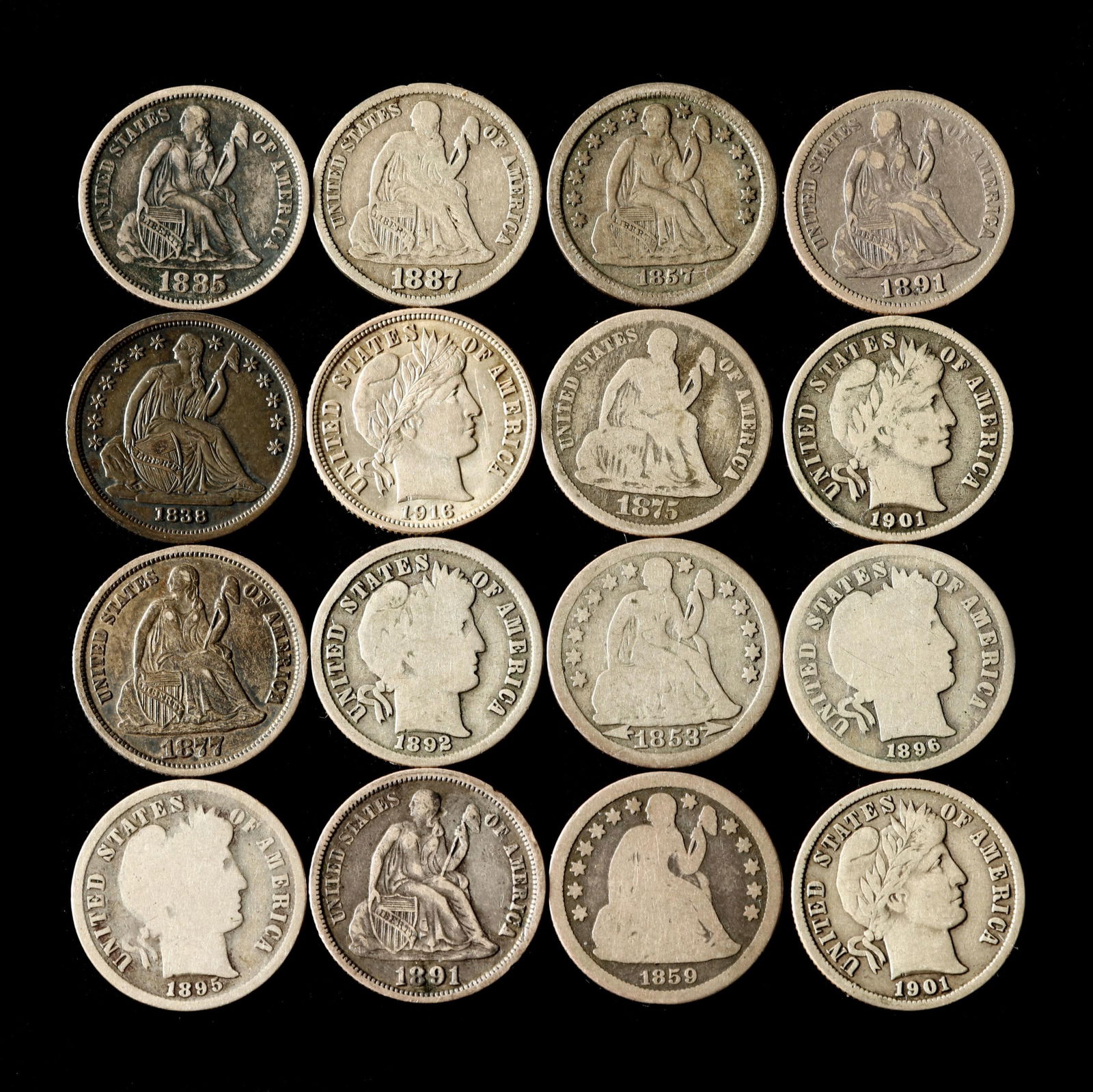 Ten (10) Seated Liberty Dimes (one CC) and Six (6) Barber Dimes (1 of 2)