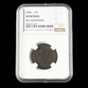 1804 1/2 Cent with Obverse Die Break, NGC XF Details, Rev Scratched