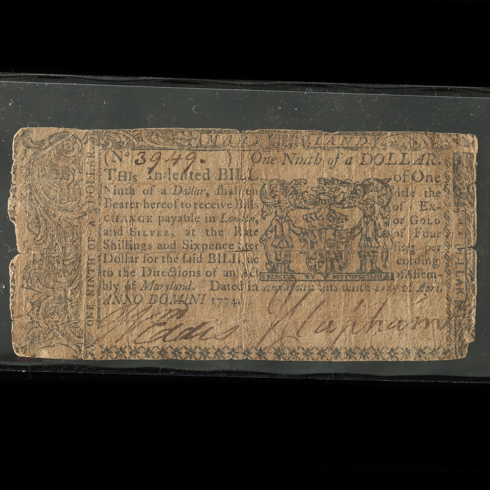 Colonial Maryland One Ninth of a Dollar Note by Anne Catharine Hoof Green: Colonial Maryland One Ninth of a Dollar Note by Anne Catharine Hoof Green Annapolis, dated April 10, 1774 with Maryland's colonial arms, printed by Anne Catharine Green and her son Frederick Green; th
