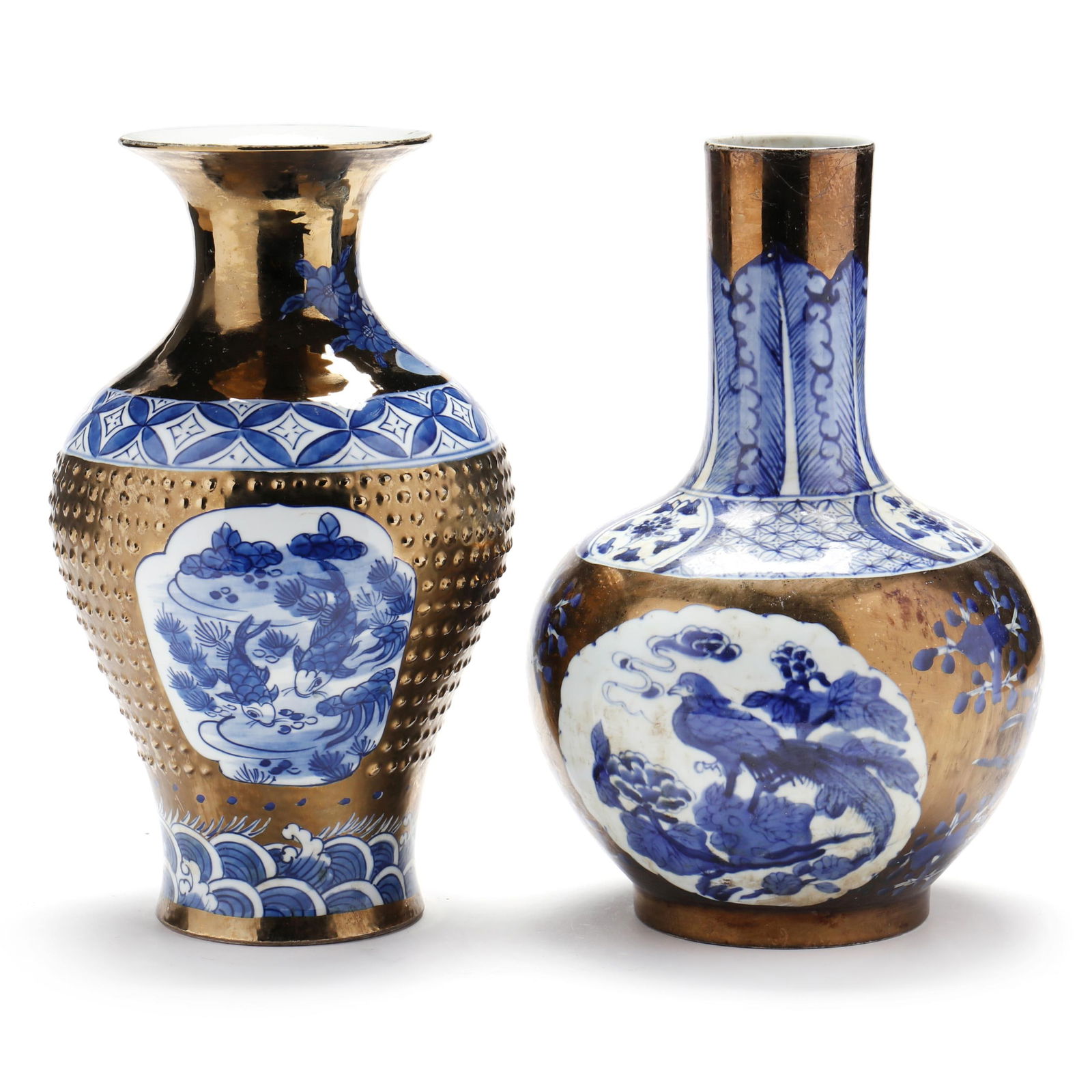 Two Chinese Style Gilt Ground Blue and White Porcelain Vases (1 of 10)