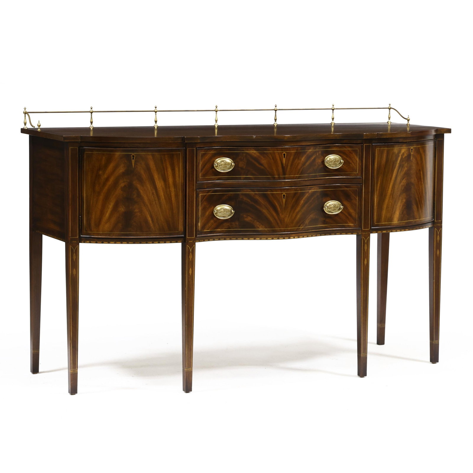 Henkel Harris, Federal Style Inlaid Mahogany Sideboard: Henkel Harris, Federal Style Inlaid Mahogany Sideboard late 20th century, finish no. 29, serpentine form with applied brass gallery, two central conforming drawers with line inlay and cock beaded edge