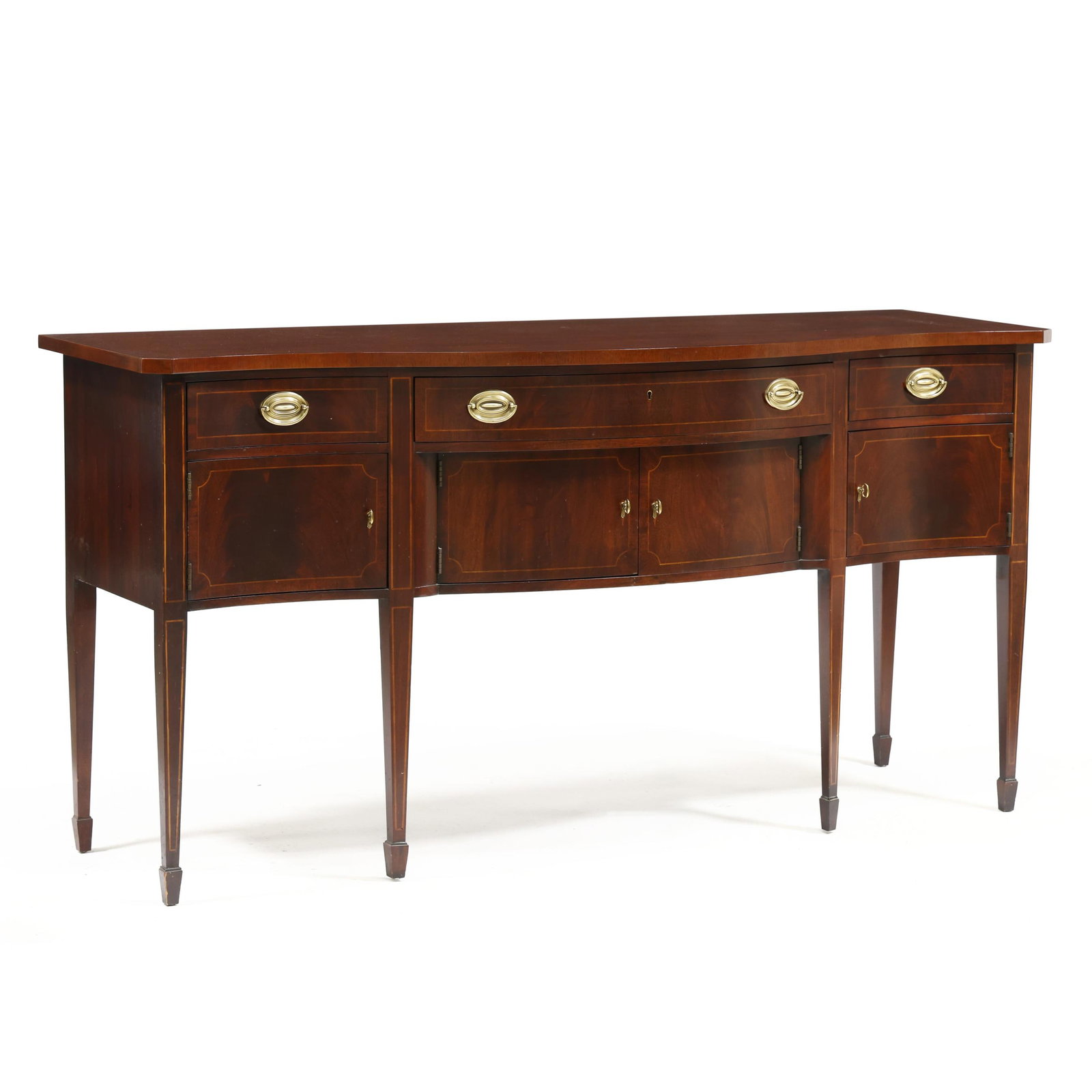 Wellington Hall, Federal Style Inlaid Sideboard: Wellington Hall, Federal Style Inlaid Sideboard late 20th century, serpentine form with three drawers over four hinged cabinet doors all with banded inlays, straight tapered legs with line inlay, spad