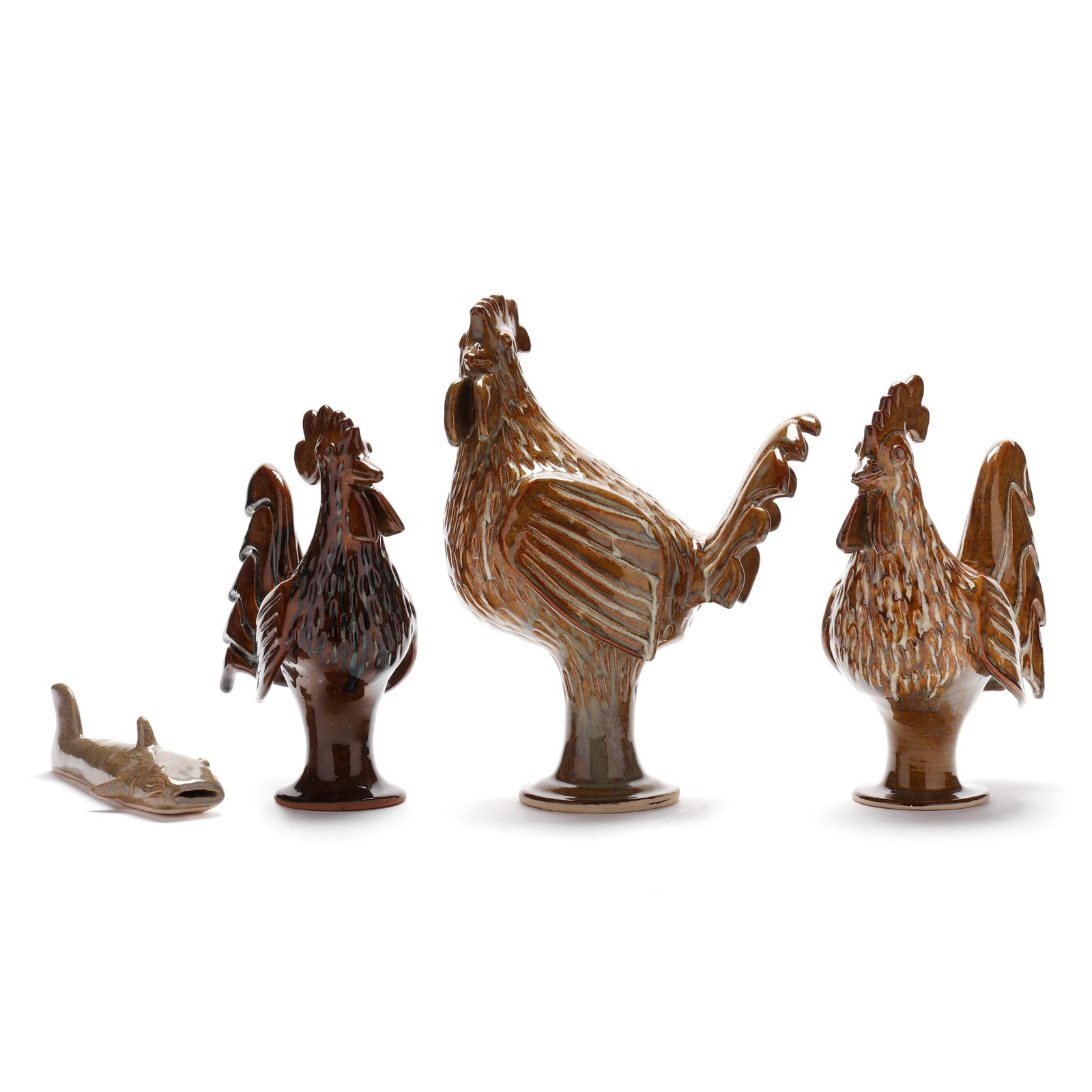 Larry Moore (NC), Four Pottery Figures: Larry Moore (NC), Four Pottery Figuresstoneware, three (3) roosters (largest 11 1/4 in.) and a catfish (7 1/2 in.), all signed "Larry Moore /Moore Pottery". Larry is the son of Charles Moore. Collecti