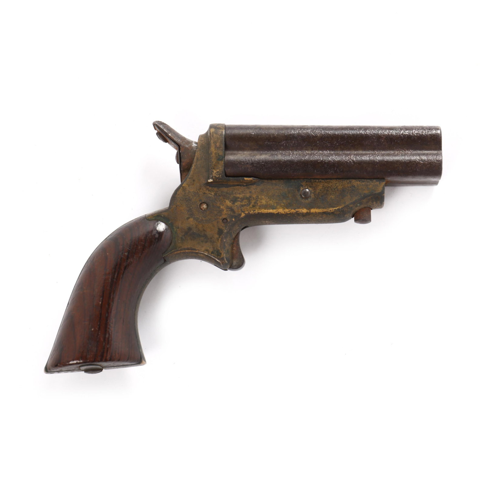 Civil War Era Sharps Four-Shot Pepperbox Pistol: Civil War Era Sharps Four-Shot Pepperbox Pistol .30 caliber, walnut grip, serial number 4628 on 3-1/2 in. barrel's underside and again on the underside of the backstrap, circa 1860s, brass fame stampe