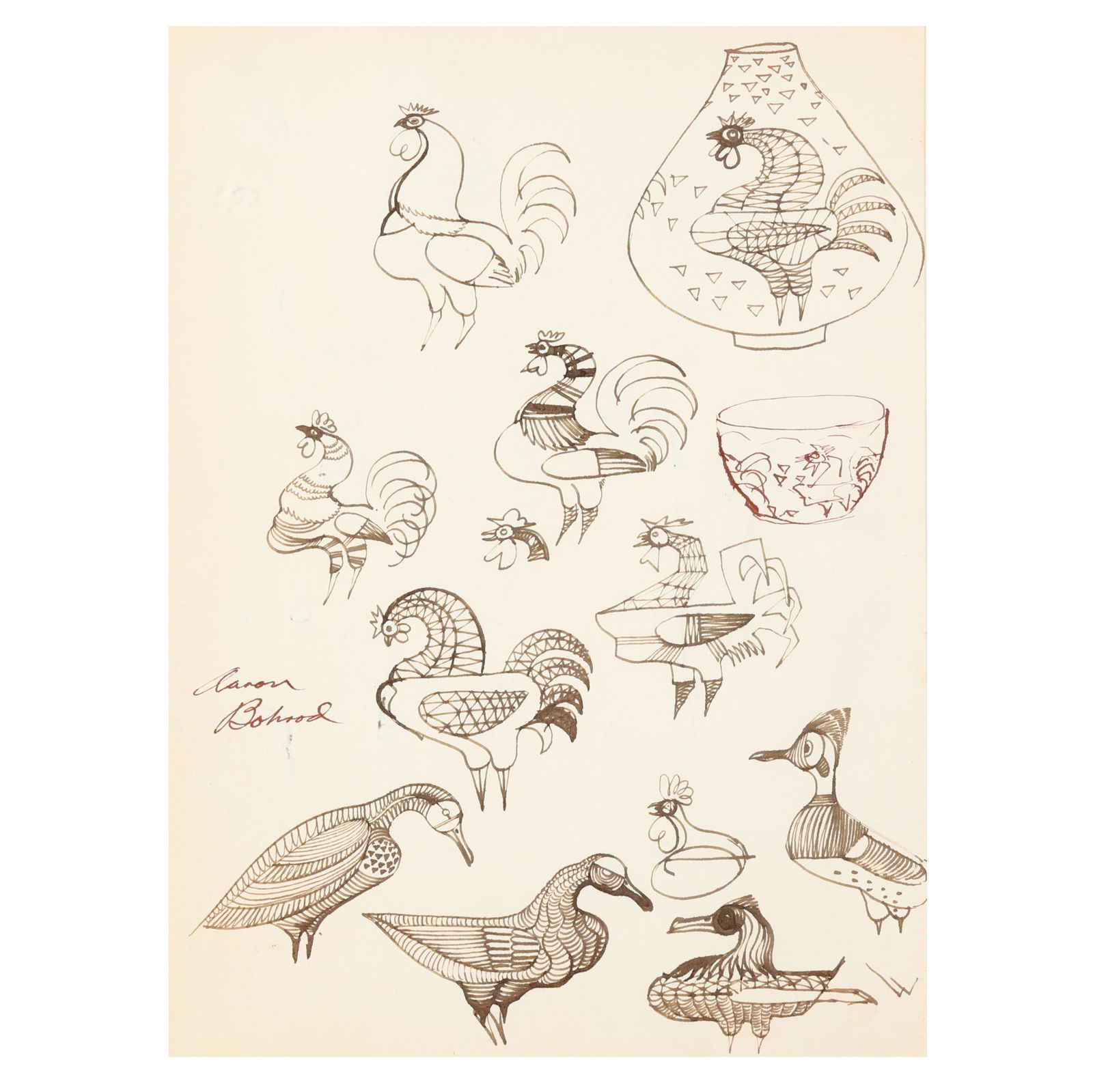 Aaron Bohrod (American, 1907-1992), Bird Study: Aaron Bohrod (American, 1907-1992), Bird Studybrown and red ink on paper, signed at the left side, matted and framed under Museum glass. Sheet size 12 1/2 x 9 1/4 in.; Frame dimensions 14 1/2 x 11 1/4
