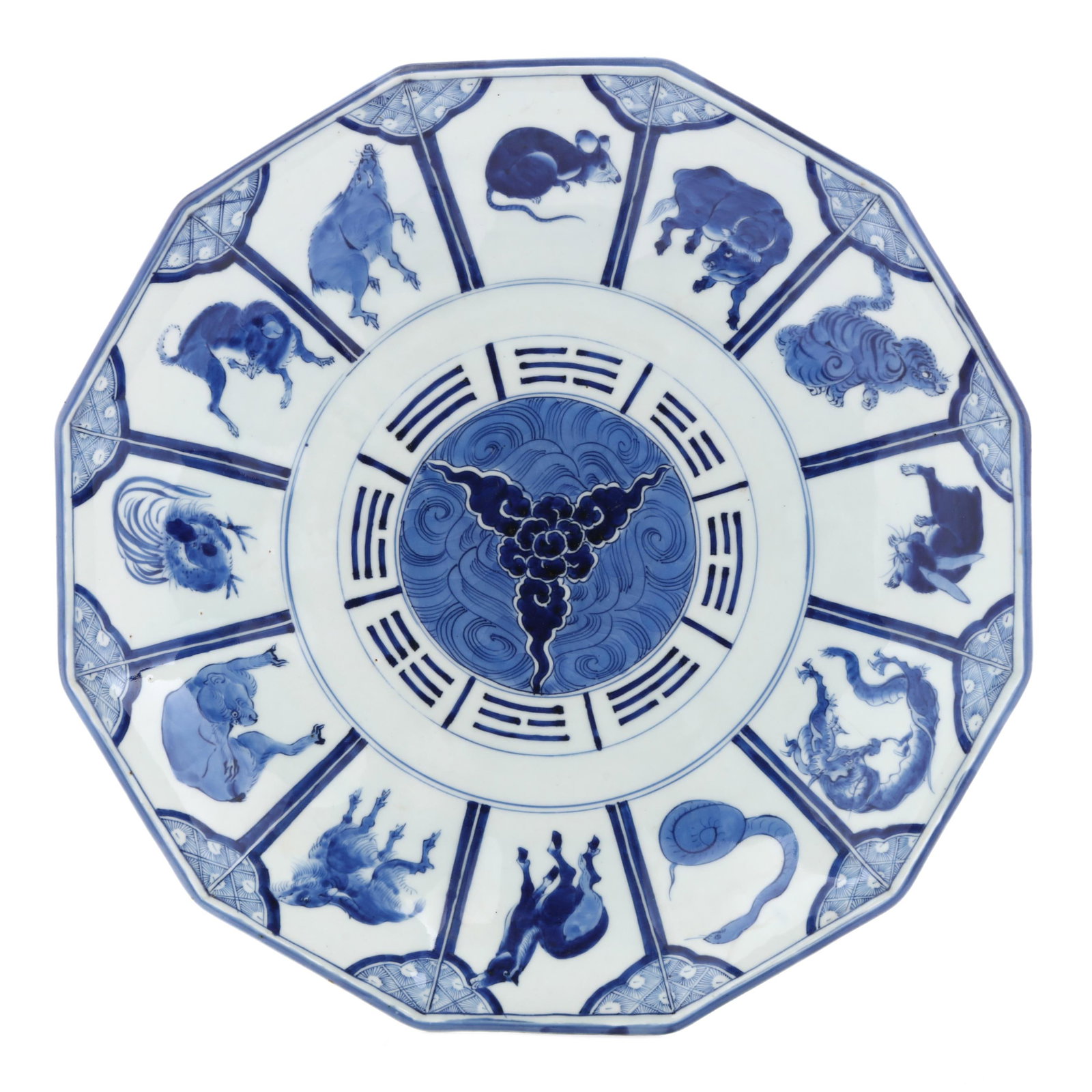 An Unusual and Large Japanese Arita Porcelain Charger with Zodiac Animals: An Unusual and Large Japanese Arita Porcelain Charger with Zodiac Animals Edo or Meiji period, 19th century, porcelain with underglaze blue, Arita ware, shaped dish hand painted with the twelve Asian 