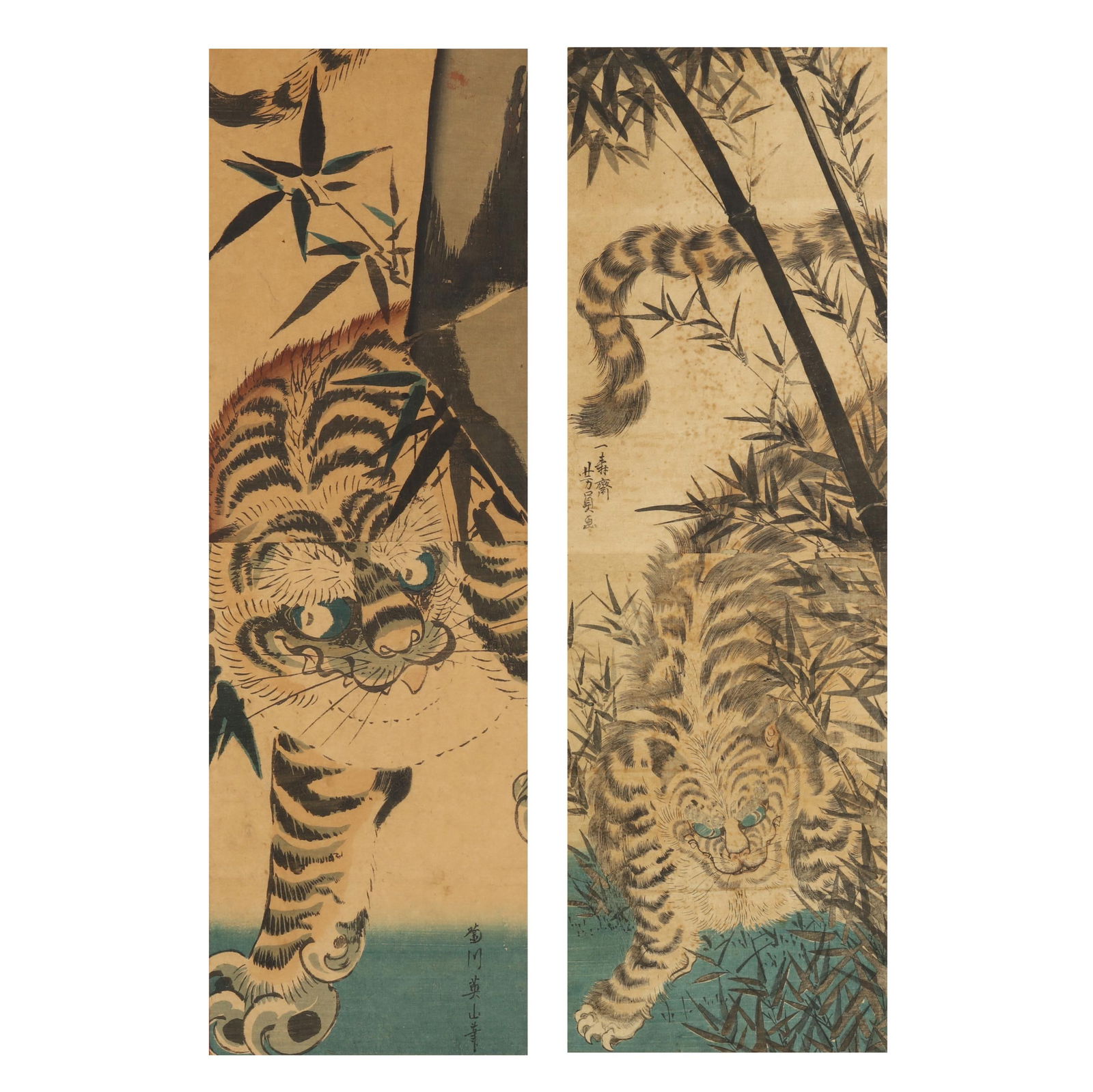 Two Japanese Edo Woodblock Prints of Tigers and Bamboo (1 of 8)