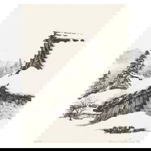 Brian Williams (b. 1950), Winter: Brian Williams (b. 1950), Winteretching, two quiet Japanese village farmhouses covered in snow, signed in pencil 16/180, Brian Williams, '92, presented in a black frame floating within the mat under g