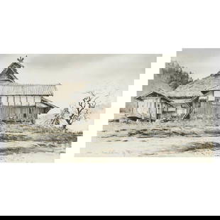 Brian Williams (b. 1950), In Miyama: Brian Williams (b. 1950), In Miyamalithograph, two quiet Japanese village farmhouses covered in snow, signed in pencil 24/48, Brian Williams, '86, framed in Japan, presented in a warm honey wood frame