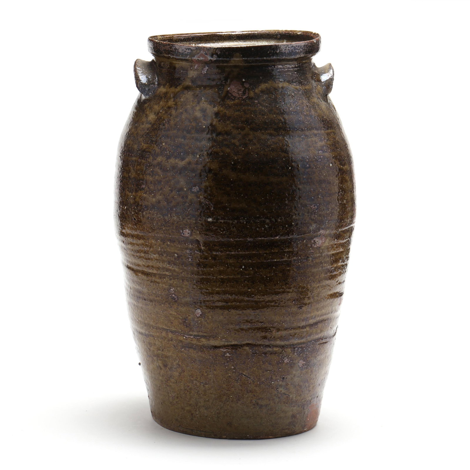 John Goodman (Lincoln County, NC, 1822-1907), Churn: John Goodman (Lincoln County, NC, 1822-1907), Churnno capacity mark, probably four (4) gallons, mottled alkaline glaze due to uneven kiln heat exposure, collar with inner ledge, applied lug handles, s