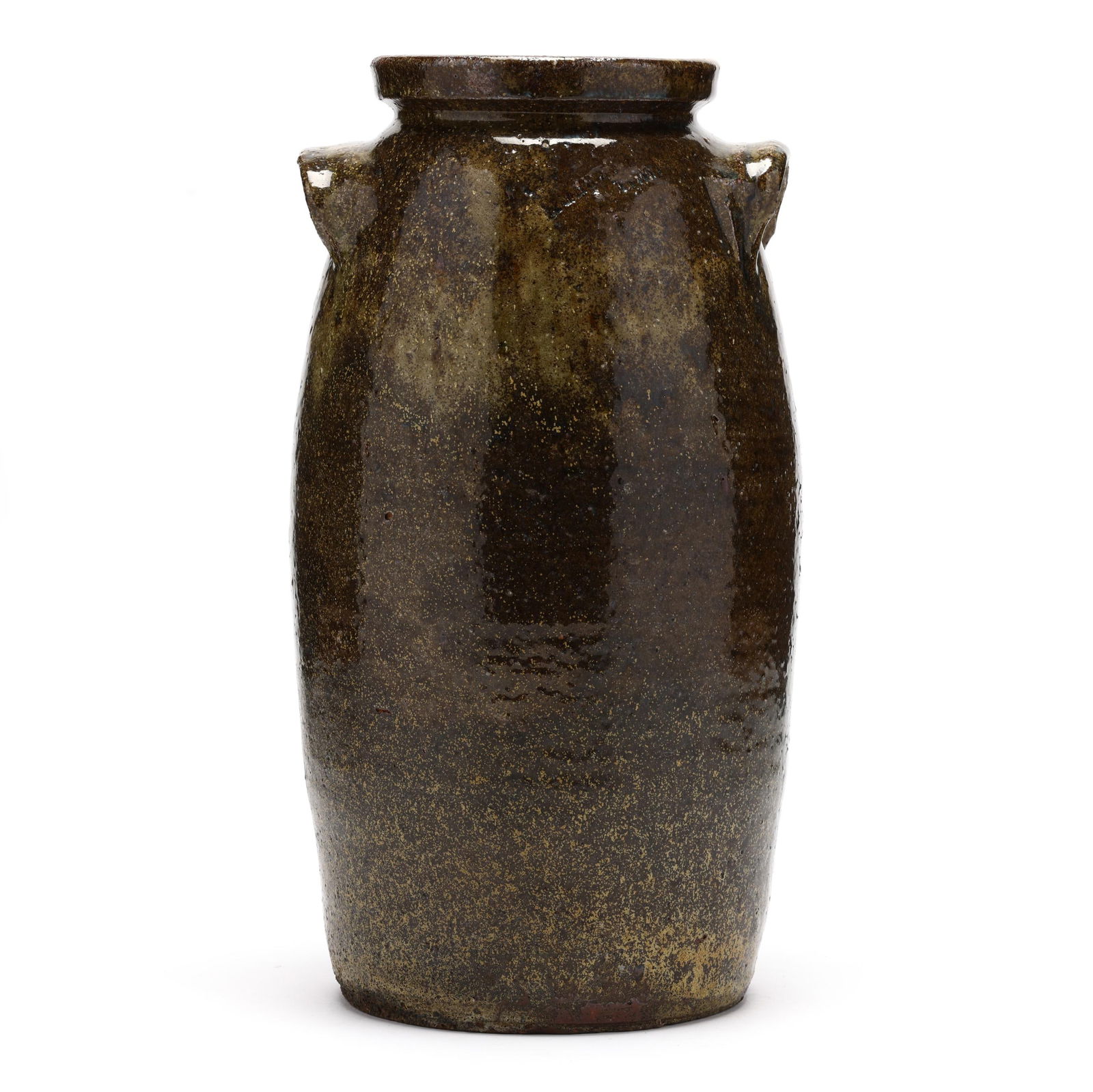 John Wesley Helton (Catawba County, NC, 1846-1923), Canning Jar: John Wesley Helton (Catawba County, NC, 1846-1923), Canning Jargreen alkaline glaze with scattered rutile, having a collar with inner ledge, lug handles, stamped between the handles "J.W.H./ BLACKBURN