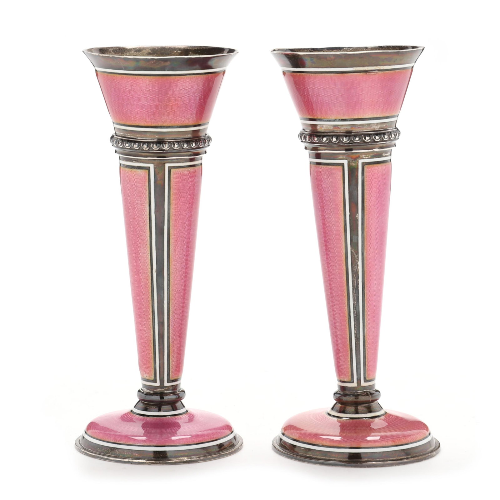 A Pair of George V Silver Guilloche Enameled Bud Vases (1 of 6)