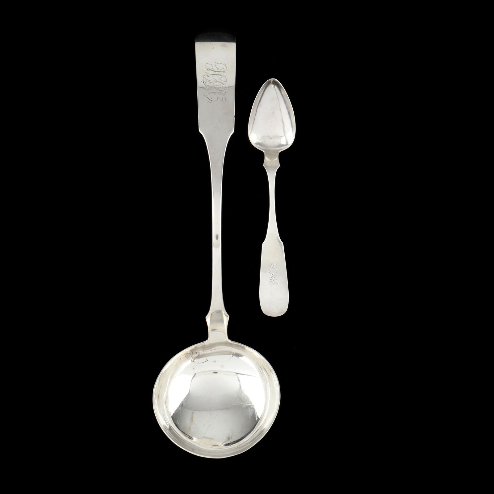 Two Pieces of Baltimore, Maryland Coin Silver: Two Pieces of Baltimore, Maryland Coin Silverthe first a soup ladle with mark of Robert Brown (active 1824-1880), period bright-cut monogram "LJH" (12 1/2 in.); and a teaspoon with mark of Charles W.