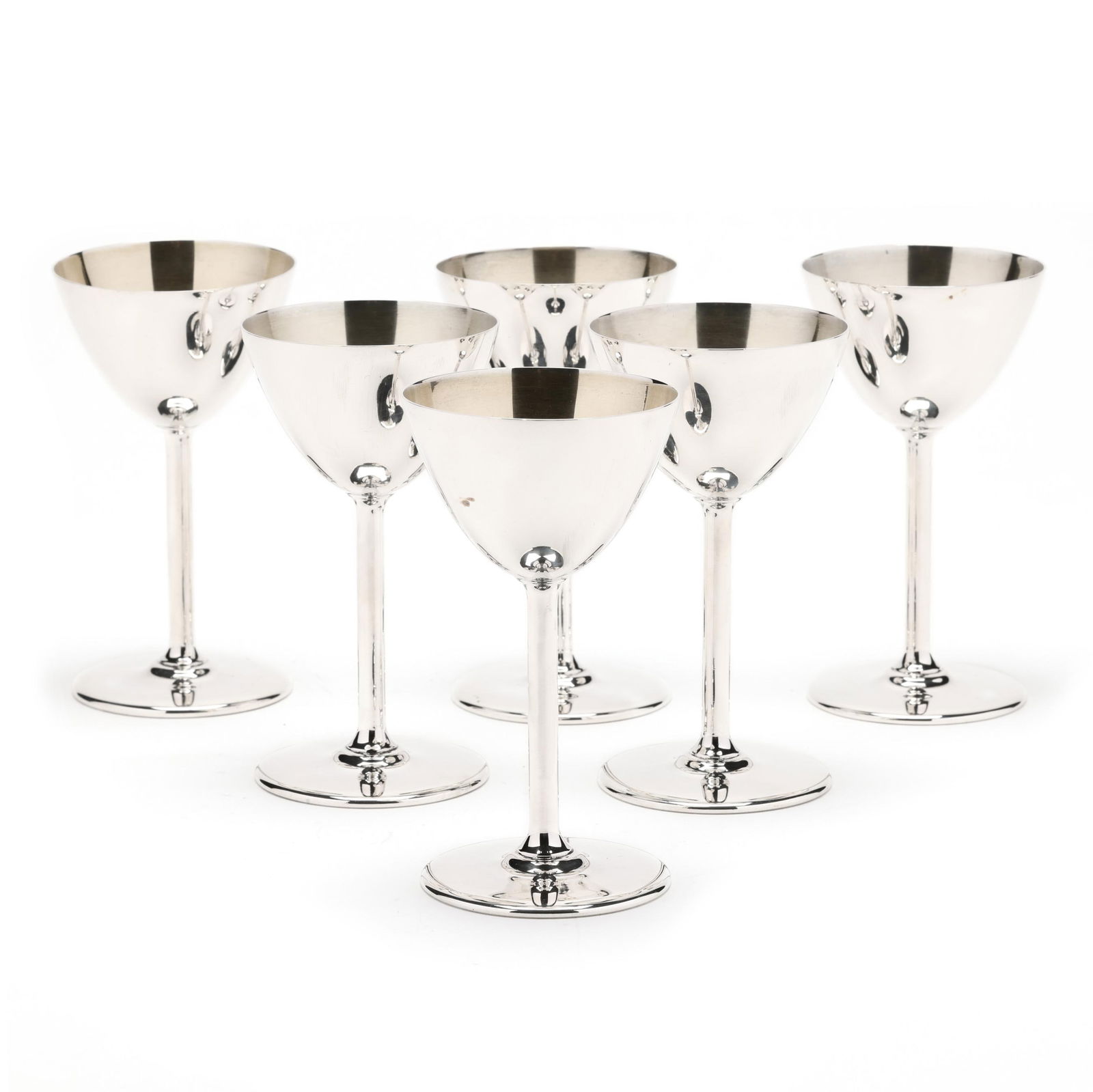 Set of Six American Sterling Silver Wine Goblets, Retailed by Cartier: Set of Six American Sterling Silver Wine Goblets, Retailed by Cartierpattern number 1190, gold wash bowls, without monograms. 5 1/8 in. 22.75 total troy oz, Additional high-resolution photos are avai