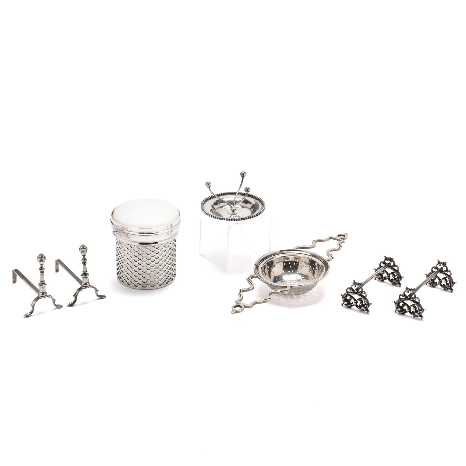 Group of American Sterling Silver Table Accessories: Group of American Sterling Silver Table Accessoriesincludes a pair of knife rests with mark of Lunt Silversmiths, pattern number 287, in the form of andirons; a pair of knife rests with mark of Goodno