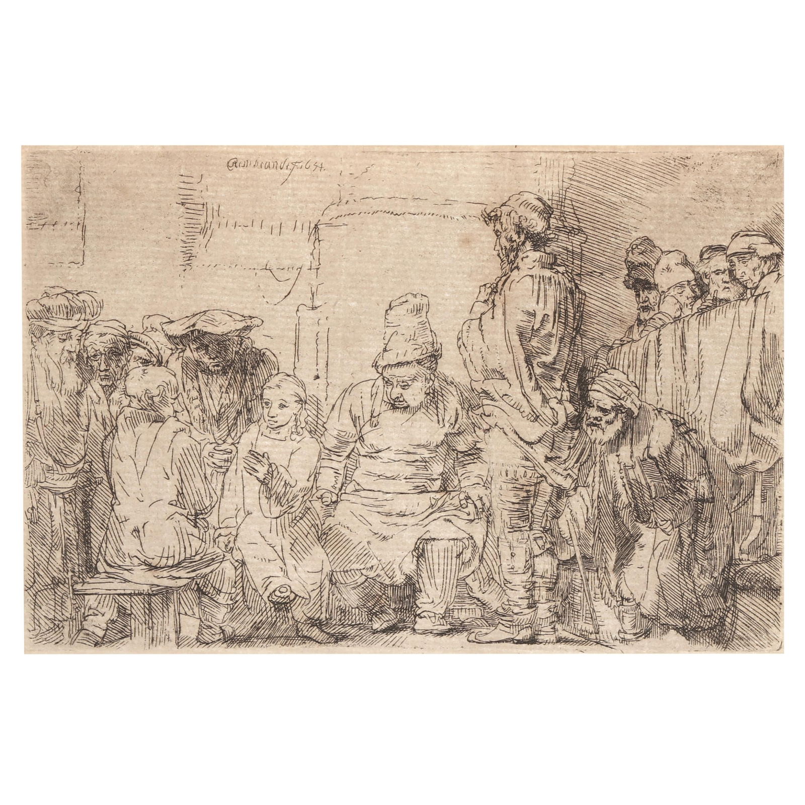 Rembrandt van Rijn (Dutch, 1606-1669), Christ Seated Disputing with Doctors: Rembrandt van Rijn (Dutch, 1606-1669), Christ Seated Disputing with Doctorsetching on laid paper, 1654, Basan Edition, with antique A. Miller Picture Frames, Inc., New York label to framing, framed. S