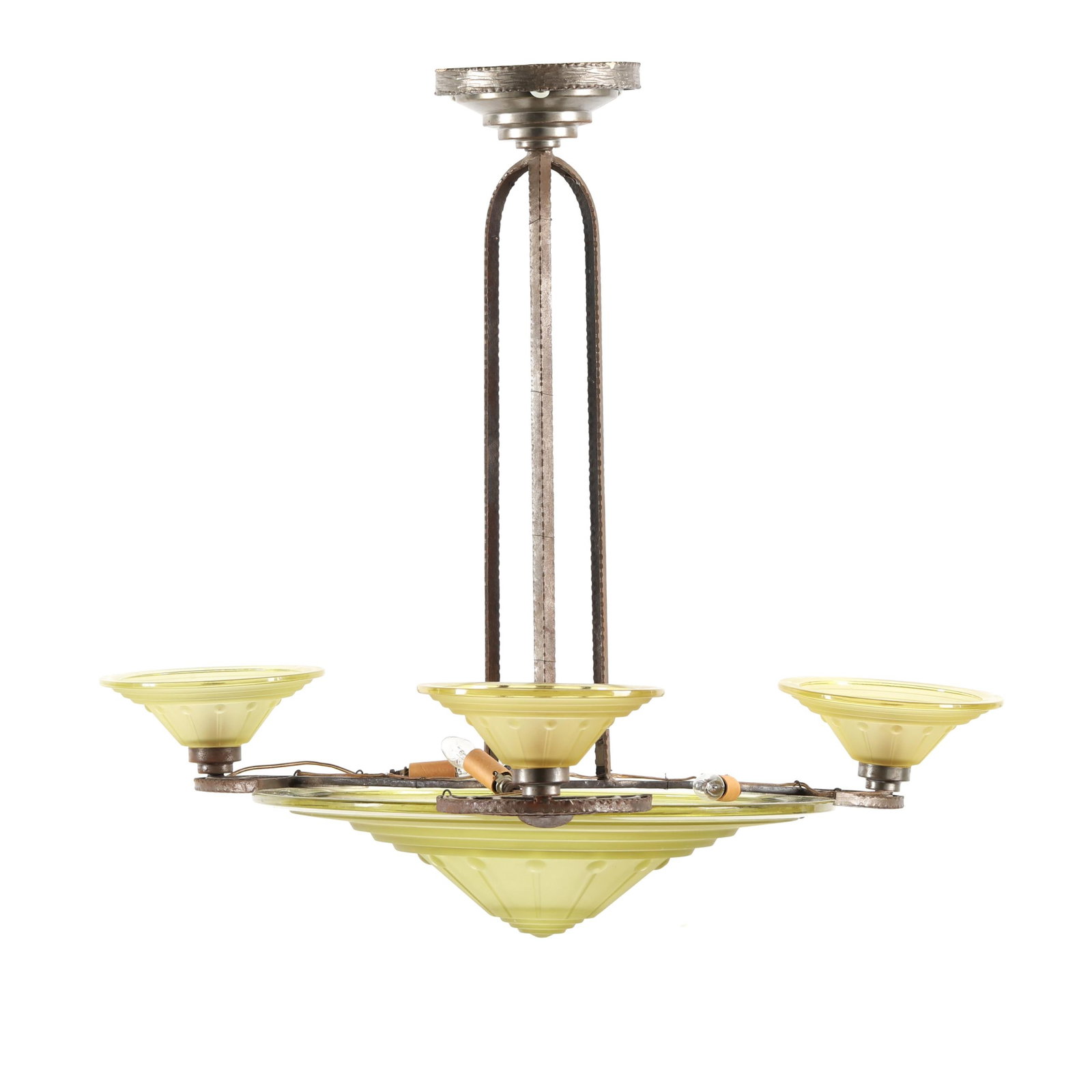 attributed Henri Petitot, Art Deco Chandelier: attributed Henri Petitot, Art Deco ChandelierFrance, circa 1930, hand wrought iron frame with molded yellow glass central dome having three interior lights surrounded by three radiating semicircles wi