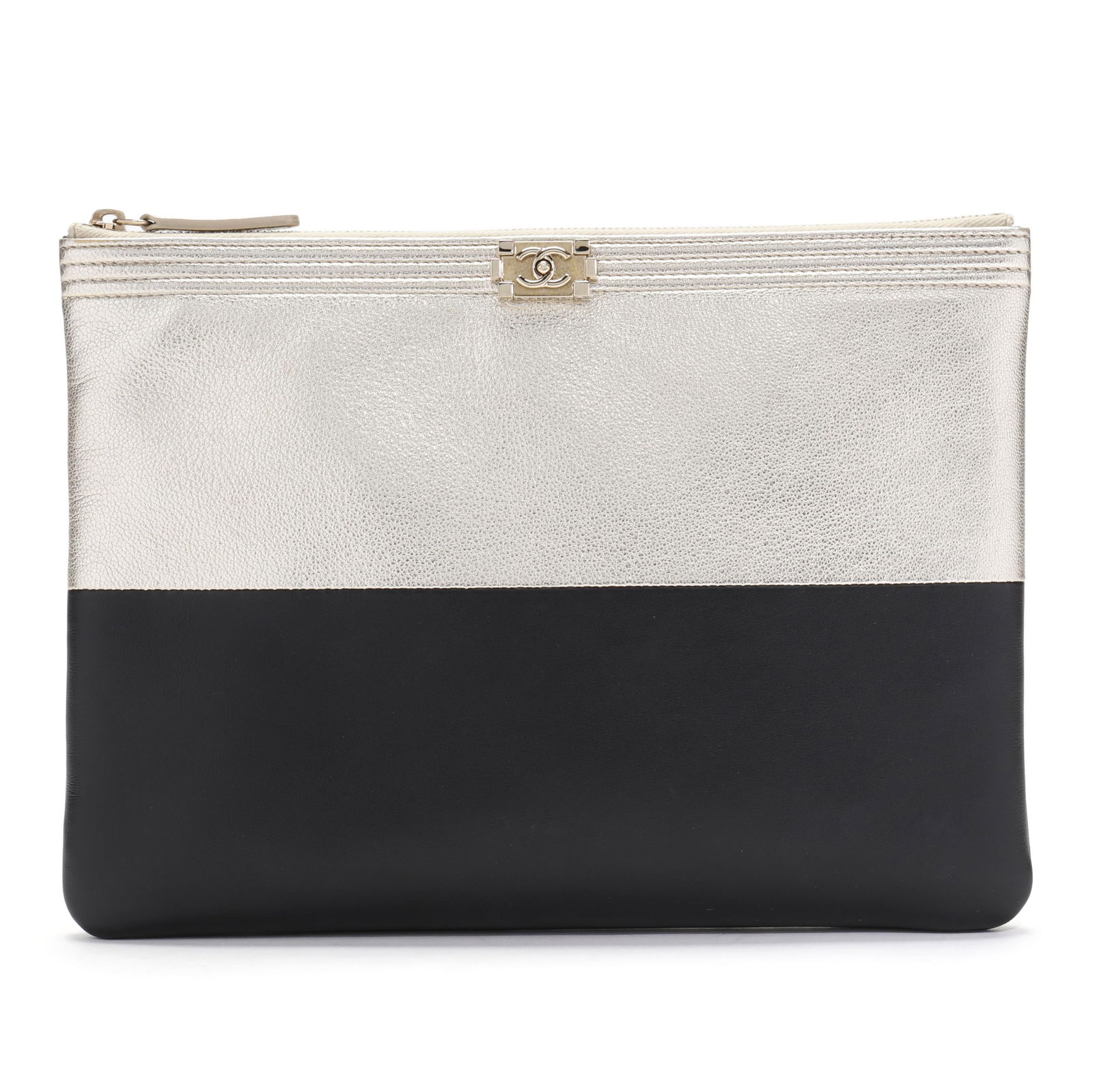 Chanel Boy Bicolor Clutch: Chanel Boy Bicolor Clutchmade in Italy of metallic leather and black goatskin, with a faux Boy CC push lock applied to the front, the top zipper opens to a quilted fabric lined interior. Date code 217