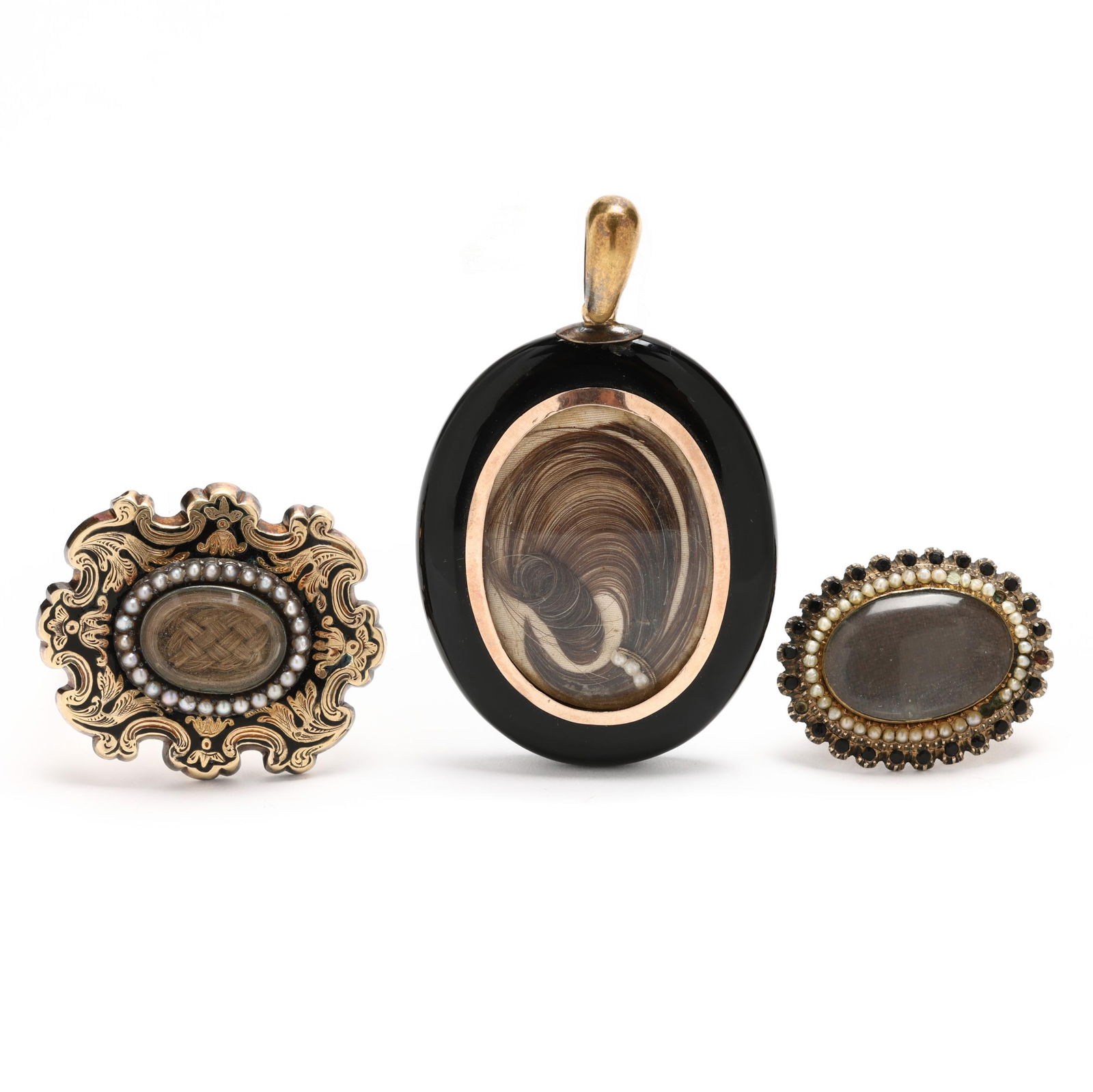 Three Victorian Hair and Seed Pearl Mourning Jewelry Items (1 of 2)