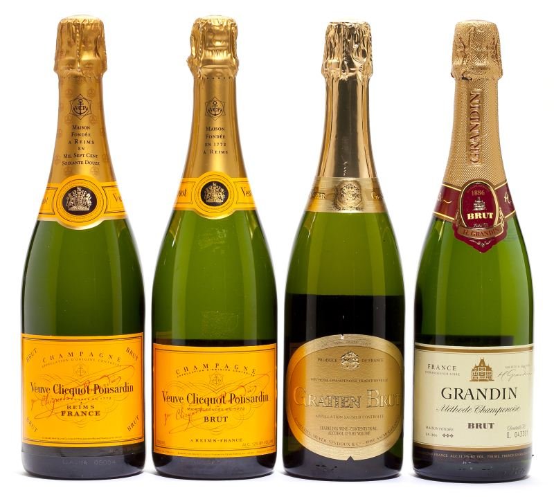 Selection of nice NV Champagne: Selection of nice NV Champagne NV, Veuve Clicquot, Brut (Yellow Label) (2) NV, Grandin, Methode Champenoise (1) NV, Gratien & Meyer, Brut (1) 4 total bottles Removed from the two subterranean