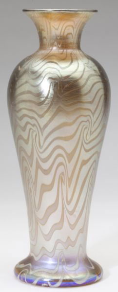 Durand "King Tut" Art Glass Vase: Durand "King Tut" Art Glass Vasegold iridescent swirl, baluster form, ground and signed pontil reading "Durand Durand 1707."9.5 in.