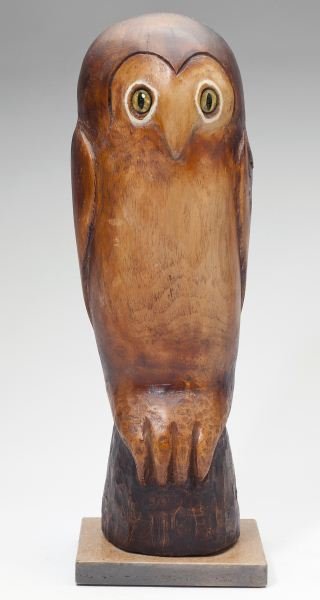 William Mangum (NC, b. 1924), Owl Sculpture: William Mangum (NC, b. 1924), Owl Sculpture a "guardian" figure of carved and painted wood with attached base, monogrammed "WM." 15.5 in. Property from the Joe Rowand Art Gallery, LLC, Chapel Hill, NC