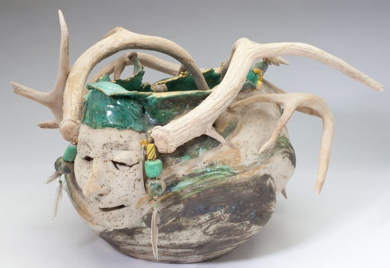 George Alexander, Spirit Bowl: George Alexander, Spirit Bowl ceramic with deer horns, signed on base. 13 x 19 x 21 in. Collection of the artist