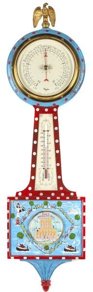 Benny Carter (NC, b. 1943), Folk Art Barometer: Benny Carter (NC, b. 1943), Folk Art Barometercomposed of a mahogany wall barometer with weather dial and thermometer painted with scenes of New York City, signed by the artist at the lower left, righ