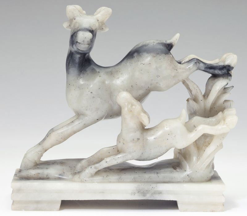 Chinese Carved Stone Leaping Deer and Fawn: Chinese Carved Stone Leaping Deer and Fawnof light gray stone with black flecks and inclusions, mounted to a conforming rectangular base.DOA 5.75 in. x 6 in.