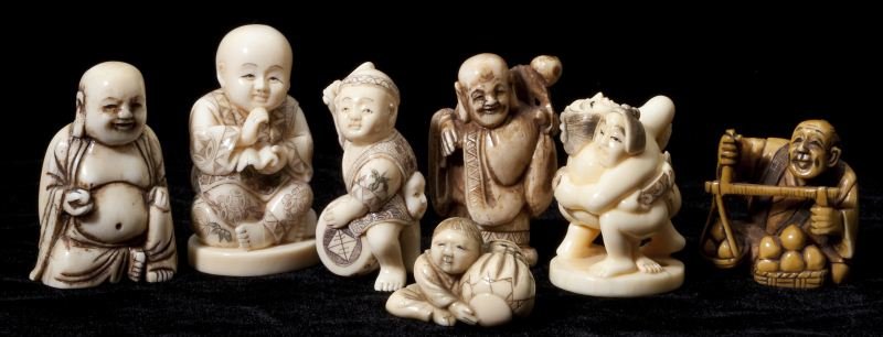 Group of Seven Figural Ivory Netsuke: Group of Seven Figural Ivory Netsuke some signed, all with tinted detail. 1 in. to 2.25 in. Estate of Dennis Patrick, MI
