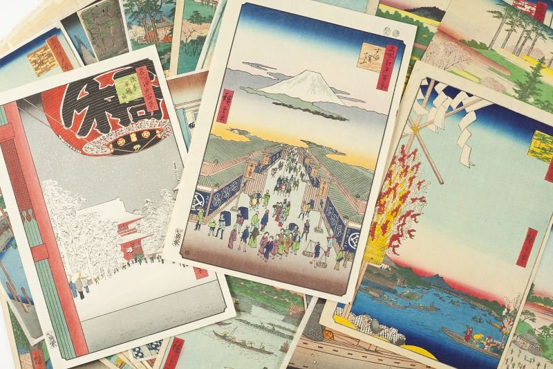 Ando Hiroshige (Japan, 1797-1858), Woodblocks: Ando Hiroshige (Japan, 1797-1858), Woodblocks accumulated lot of (27) woodblock prints from "100 Famous Views of Edo," various editions, signed and titled in red cartouche, some with publisher and cen