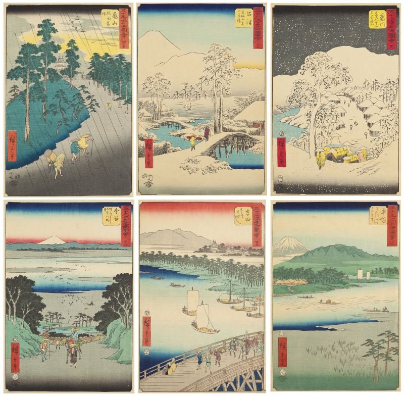 Ando Hiroshige (Japan, 1797-1858), Six Woodblocks: Ando Hiroshige (Japan, 1797-1858), Six Woodblocks from the Tokaido Series, 1855, signed, titled and numbered, and have Tsutaya publisher seal in margin or on print. Lot consists of "Hiratsuke" (Plate 