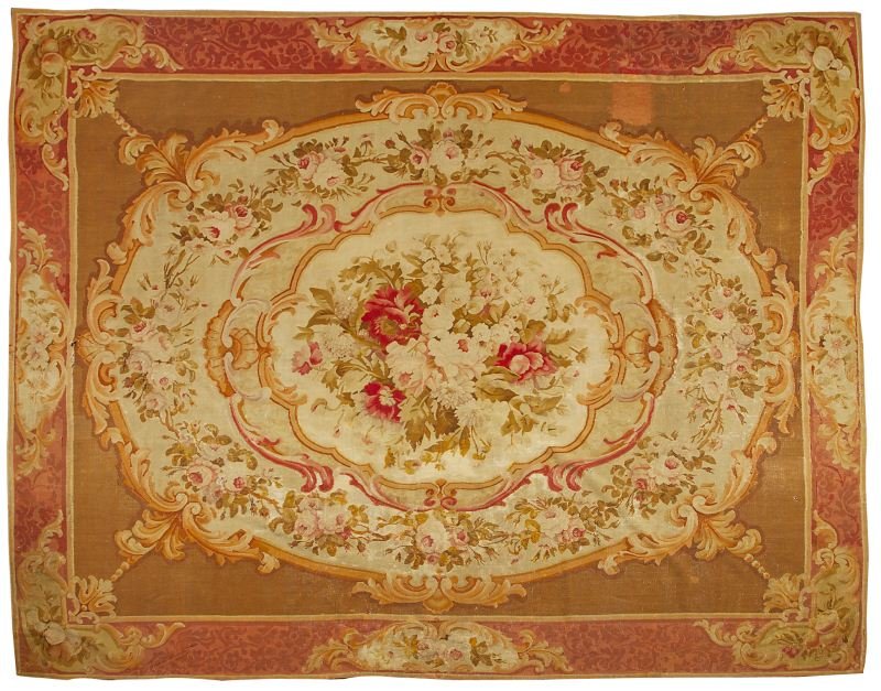 Antique French Aubusson Carpet: Antique French Aubusson Carpet large central medallion with roses on a cream-yellow ground, outer border further decorated with floral sprays against a deep pink brocade style ground. 8 ft. 2 in. x 11